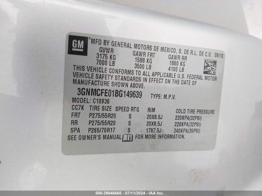 2011 Chevrolet Avalanche 1500 Lt1 VIN: 3GNMCFE01BG149639 Lot: 39846665