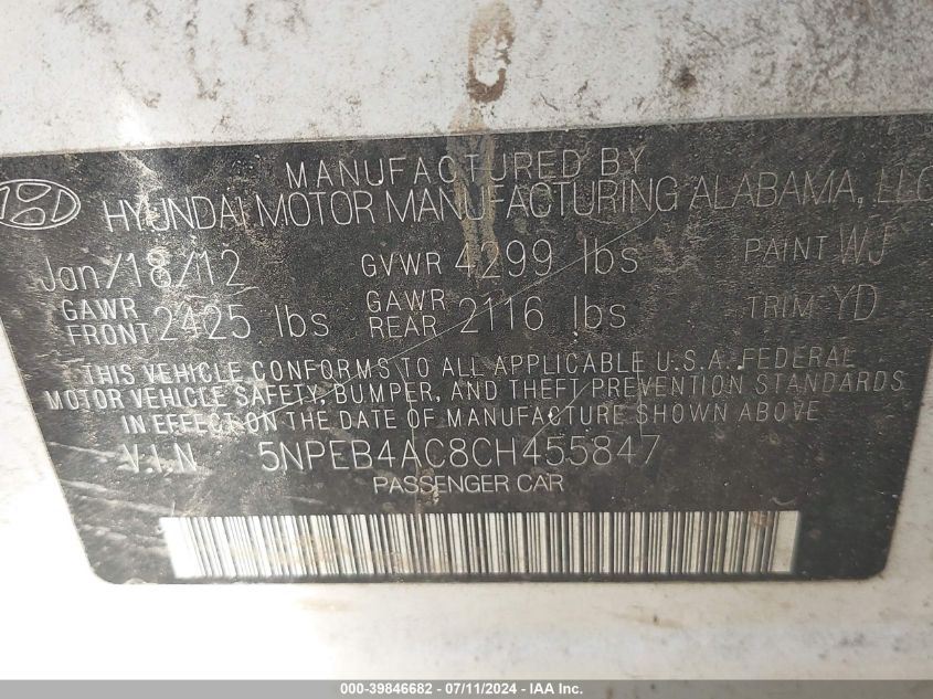 2012 Hyundai Sonata Gls VIN: 5NPEB4AC8CH455847 Lot: 39846682