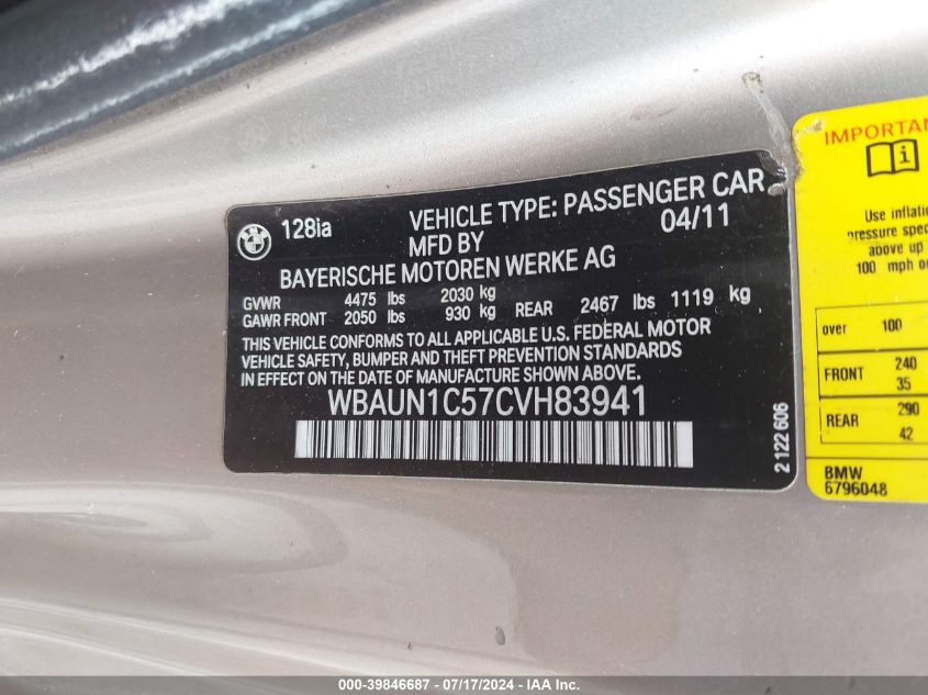 2012 BMW 128I VIN: WBAUN1C57CVH83941 Lot: 39846687