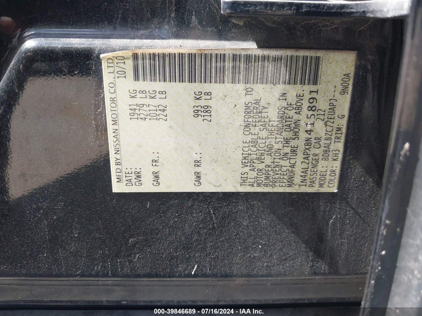 2011 Nissan Altima 2.5 S VIN: 1N4AL2APXBN415891 Lot: 39846689