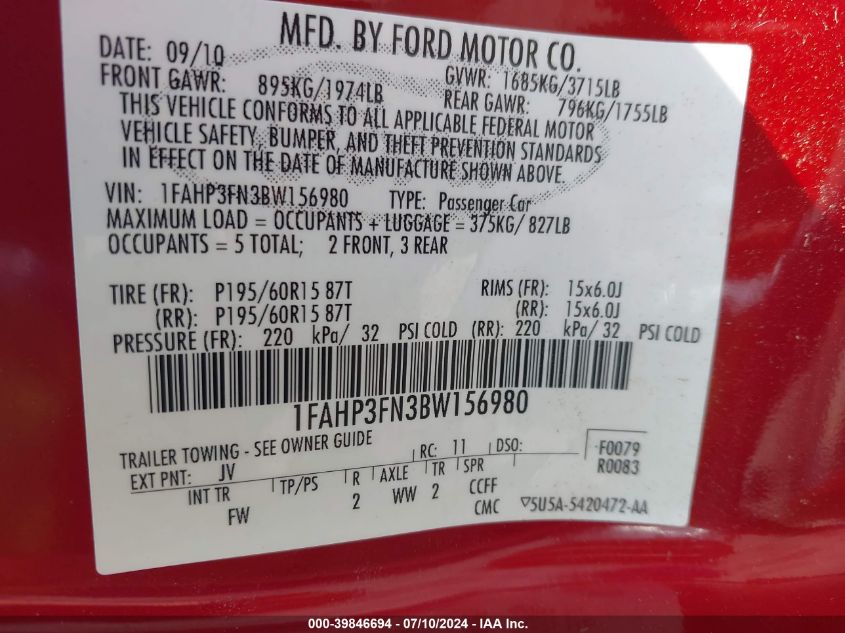 1FAHP3FN3BW156980 | 2011 FORD FOCUS