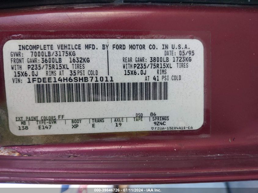 1995 Ford Econoline E150 Van VIN: 1FDEE14H6SHB71011 Lot: 39846726