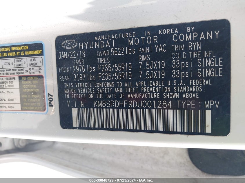2013 Hyundai Santa Fe Limited VIN: KM8SRDHF9DU001284 Lot: 39846729