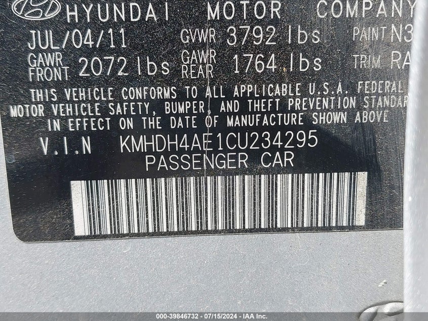2012 Hyundai Elantra Gls (Ulsan Plant) VIN: KMHDH4AE1CU234295 Lot: 39846732