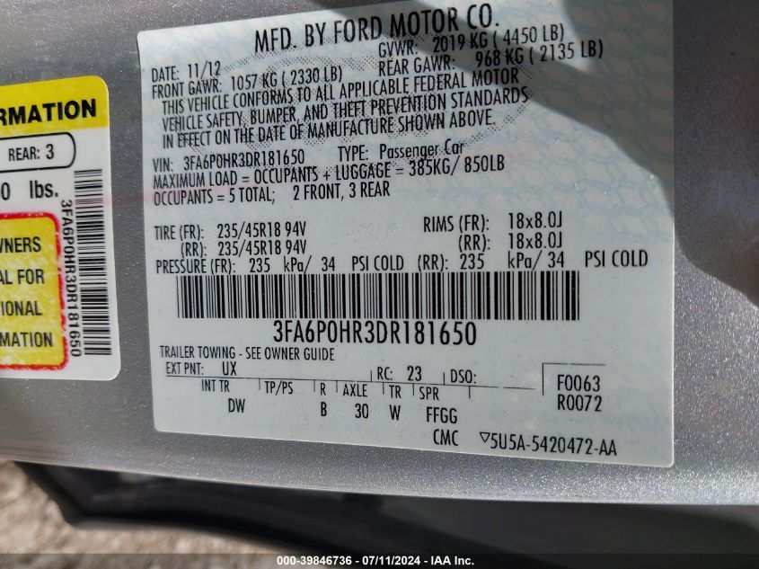 2013 Ford Fusion Se VIN: 3FA6P0HR3DR181650 Lot: 39846736