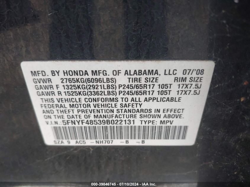 2009 Honda Pilot Ex-L VIN: 5FNYF48539B022131 Lot: 39846745