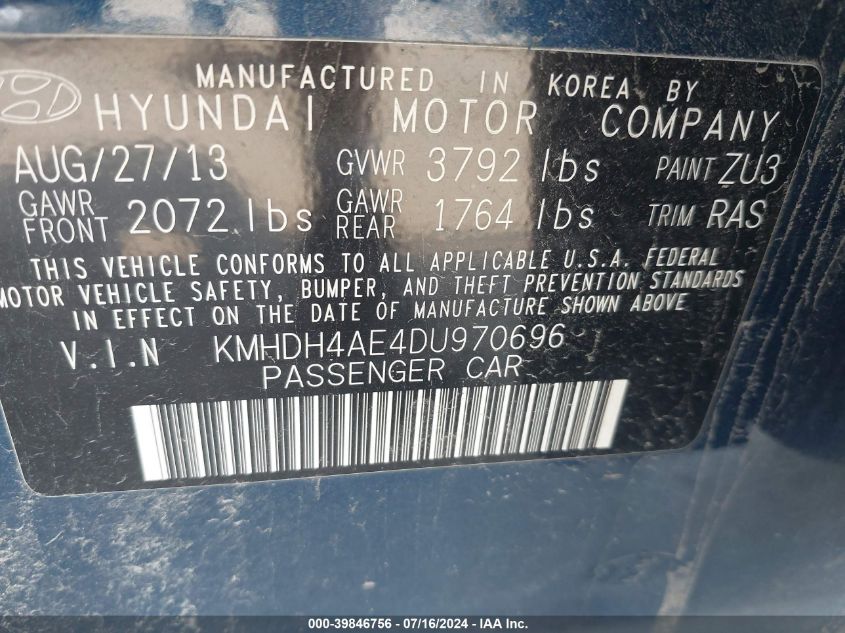 2013 Hyundai Elantra Gls VIN: KMHDH4AE4DU970696 Lot: 39846756