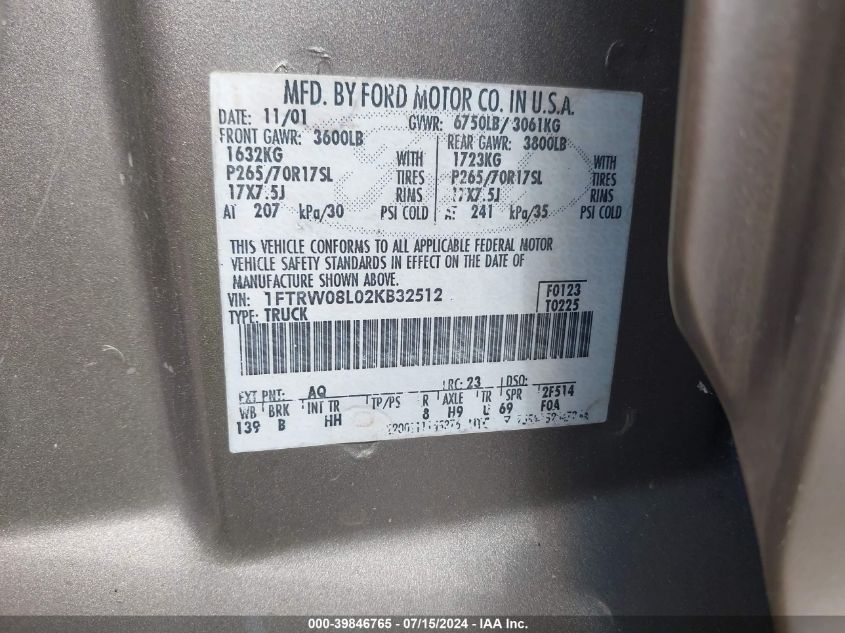 2002 Ford F-150 Lariat/Xlt VIN: 1FTRW08L02KB32512 Lot: 39846765