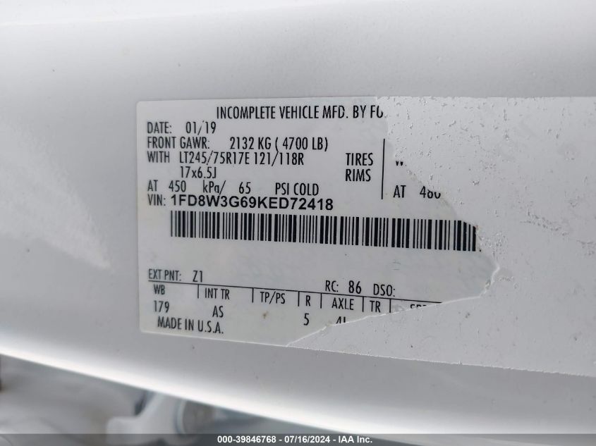 2019 Ford F-350 Chassis Xl VIN: 1FD8W3G69KED72418 Lot: 39846768