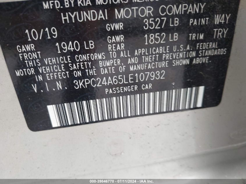 2020 Hyundai Accent Se VIN: 3KPC24A65LE107932 Lot: 39846770