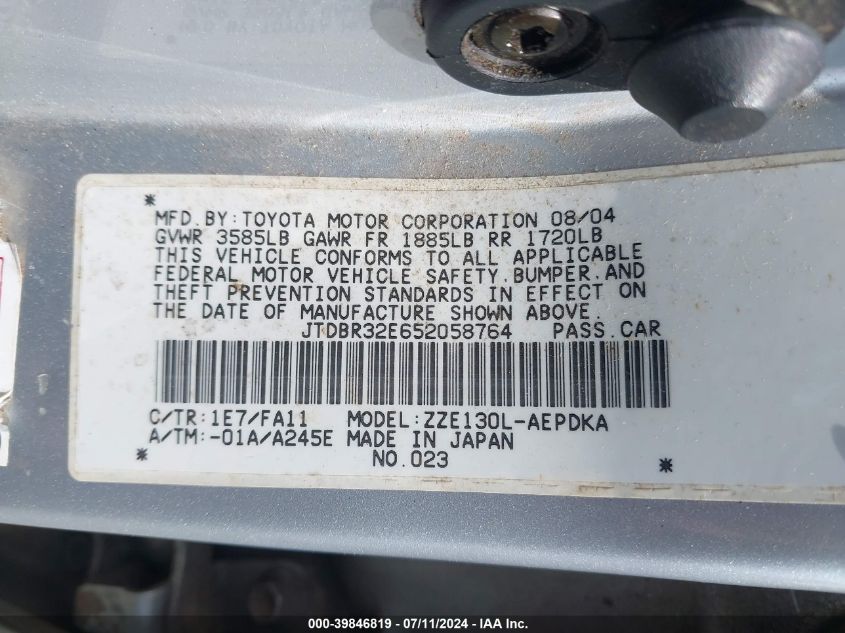 2005 Toyota Corolla Ce VIN: JTDBR32E652058764 Lot: 39846819