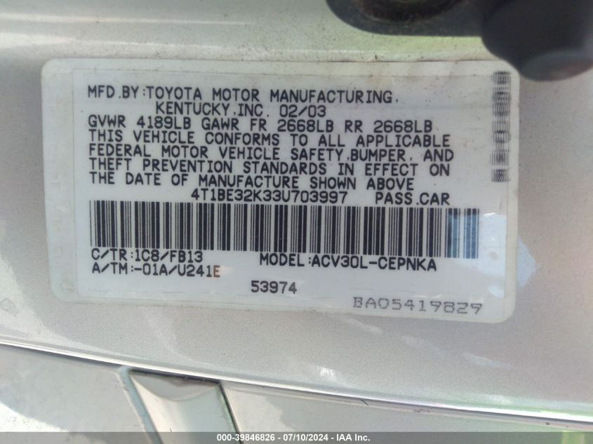 2003 Toyota Camry Le VIN: 4T1BE32K33U703997 Lot: 39846826