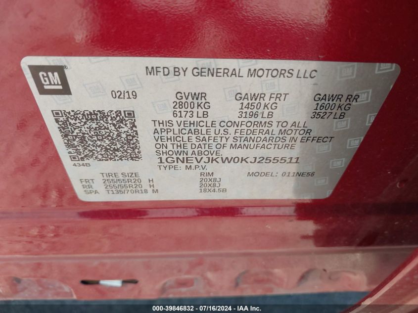 2019 Chevrolet Traverse High Country/Rs VIN: 1GNEVJKW0KJ255511 Lot: 39846832