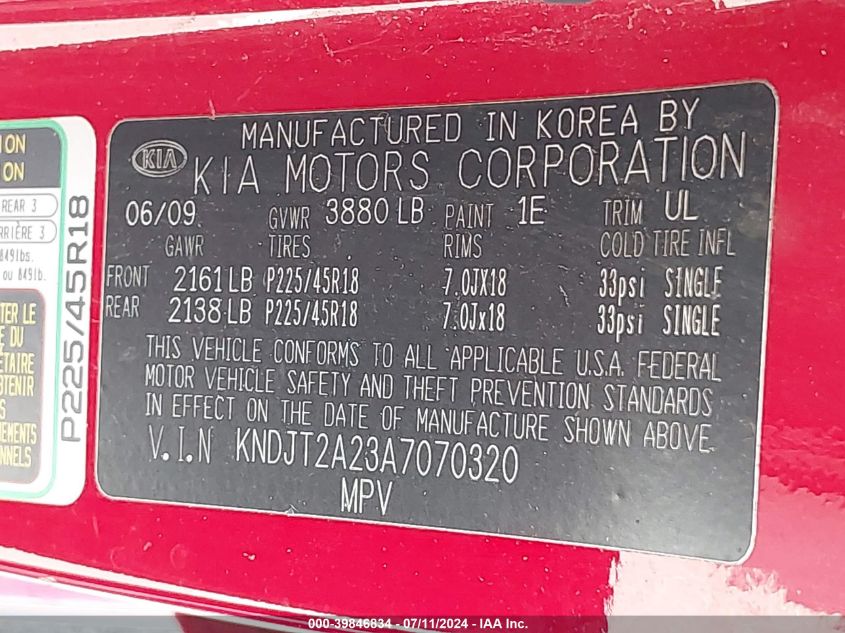 2010 Kia Soul Sport VIN: KNDJT2A23A7070320 Lot: 39846834