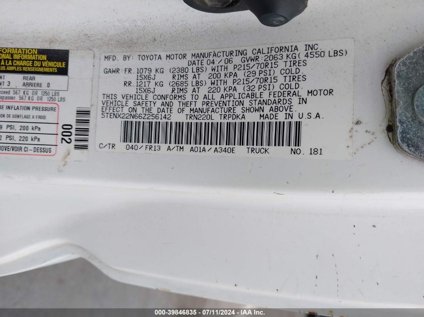 2006 Toyota Tacoma VIN: 5TENX22N66Z256142 Lot: 39846835