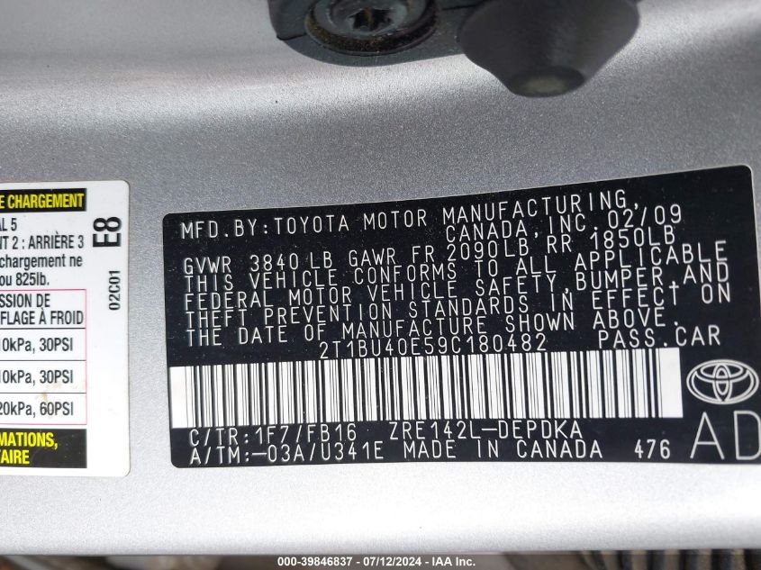 2009 Toyota Corolla Le VIN: 2T1BU40E59C180482 Lot: 39846837