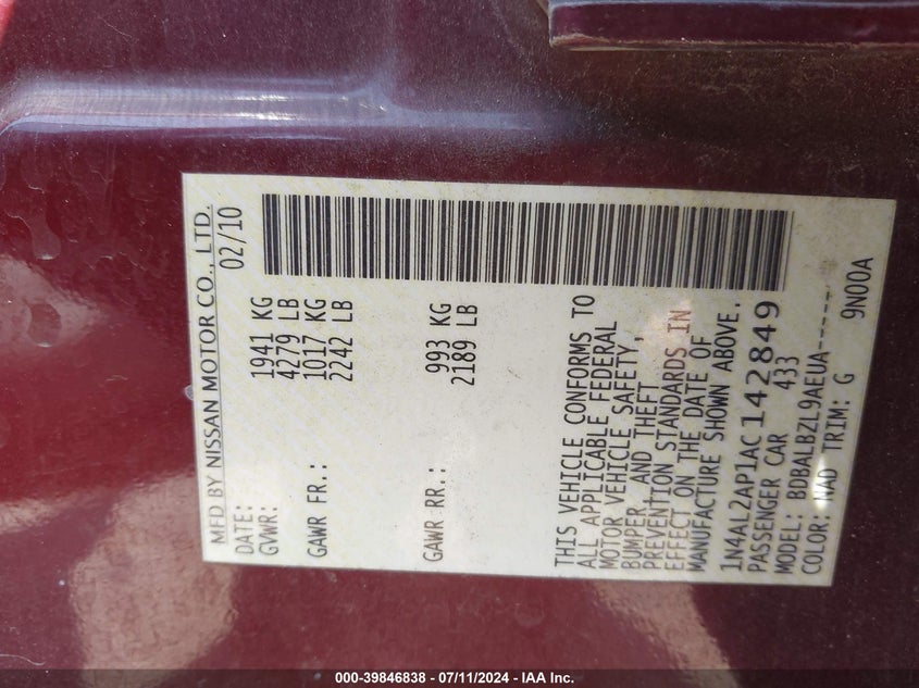 2010 Nissan Altima 2.5 S VIN: 1N4AL2AP1AC142849 Lot: 39846838