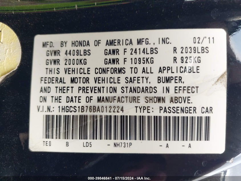 2011 Honda Accord 2.4 Ex VIN: 1HGCS1B76BA012224 Lot: 39846841