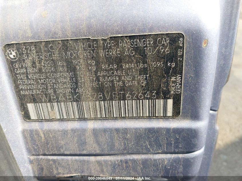 1997 BMW 328Ic VIN: WBABK7328VET62643 Lot: 39846849