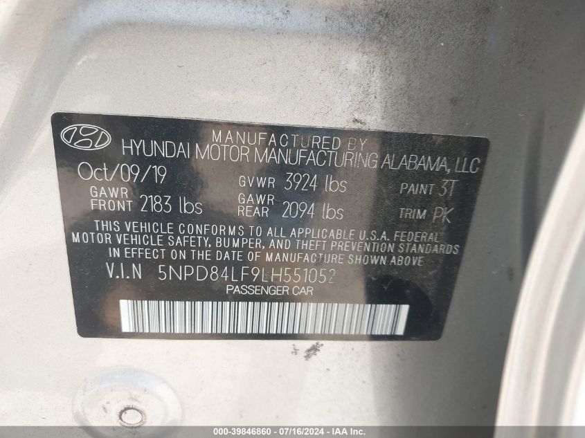 2020 Hyundai Elantra Sel/Value/Limited VIN: 5NPD84LF9LH551052 Lot: 39846860