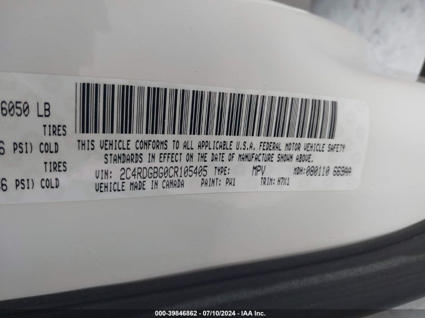 2012 Dodge Grand Caravan Se/Avp VIN: 2C4RDGBG0CR105405 Lot: 39846862