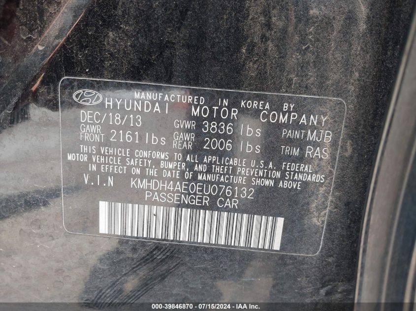 2014 Hyundai Elantra Se VIN: KMHDH4AE0EU076132 Lot: 39846870