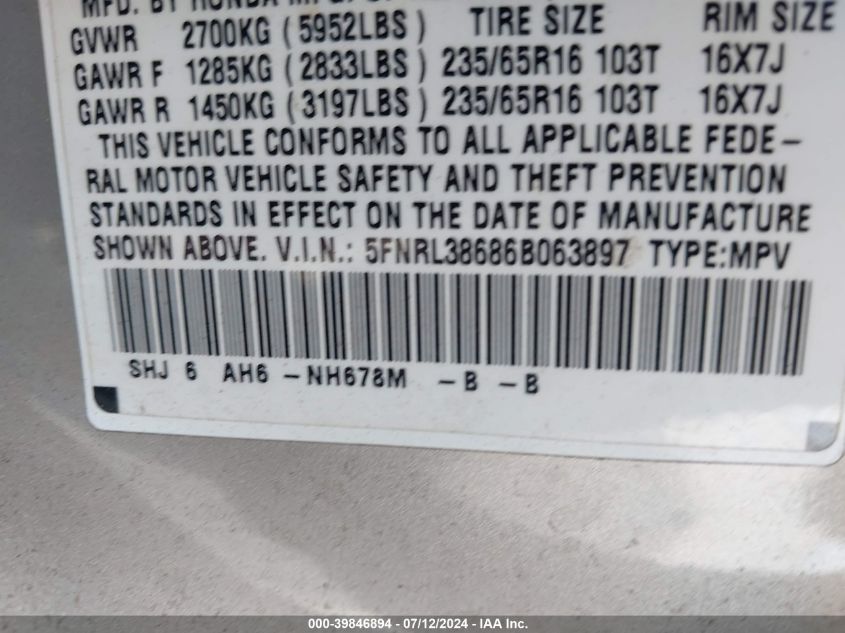 2006 Honda Odyssey Exl VIN: 5FNRL38686B063897 Lot: 39846894