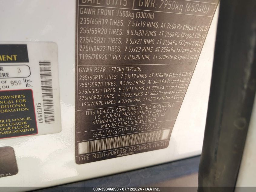 2015 Land Rover Range Rover Sport 3.0L V6 Supercharged Hse/3.0L V6 Supercharged Se VIN: SALWG2VF1FA612315 Lot: 39846898