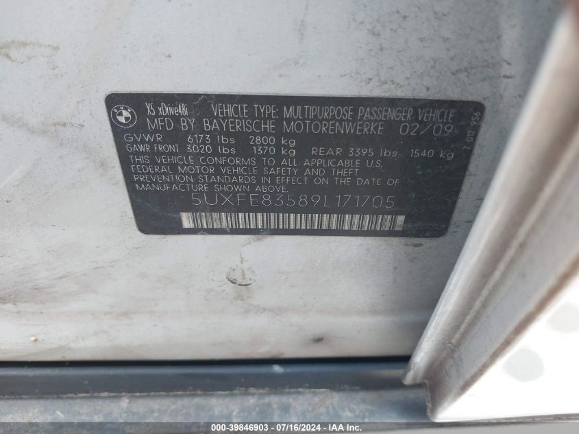 2009 BMW X5 xDrive48I VIN: 5UXFE83589L171705 Lot: 39846903