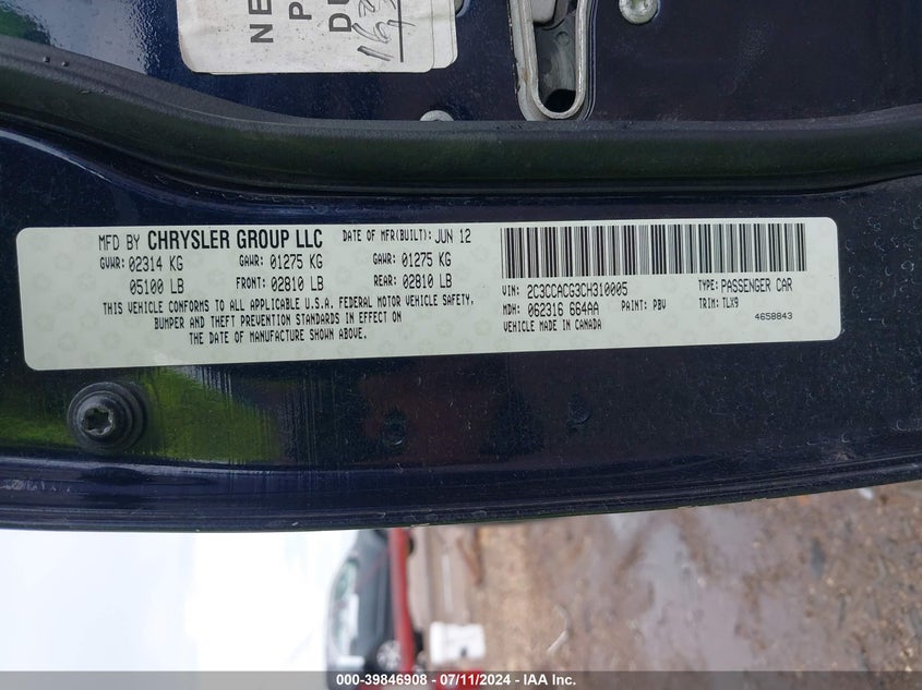 2012 Chrysler 300 Limited VIN: 2C3CCACG3CH310005 Lot: 39846908