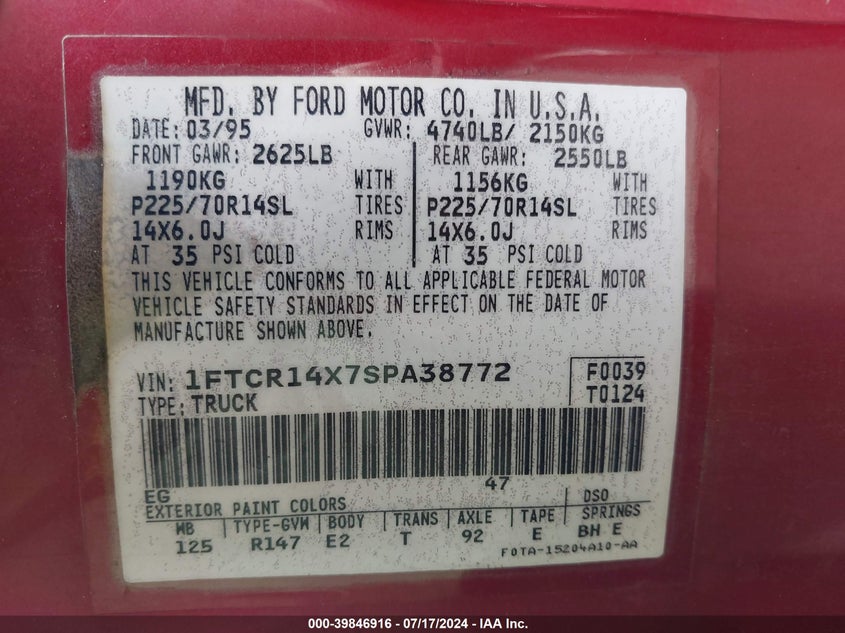 1995 Ford Ranger Super Cab VIN: 1FTCR14X7SPA38772 Lot: 39846916