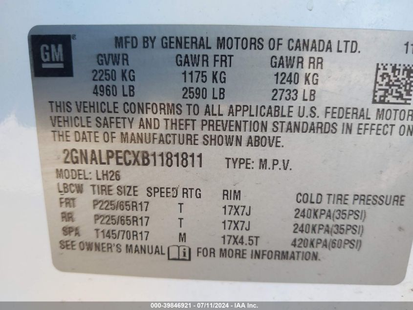 2011 Chevrolet Equinox 2Lt VIN: 2GNALPECXB1181811 Lot: 39846921