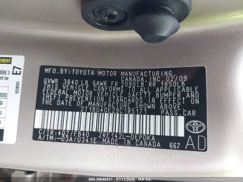 2009 Toyota Corolla Le VIN: 2T1BU40E29C185171 Lot: 39846931