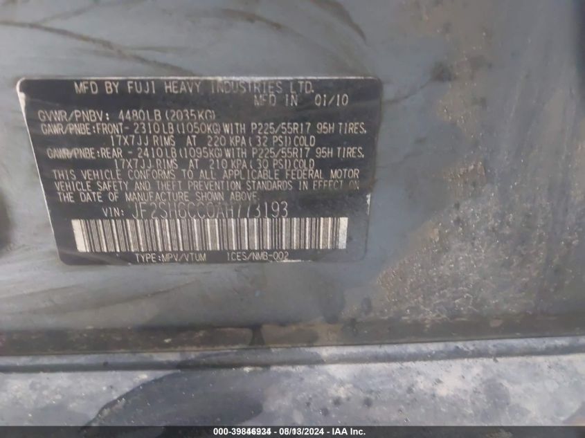 2010 Subaru Forester 2.5X Premium VIN: JF2SH6CC0AH773193 Lot: 39846934