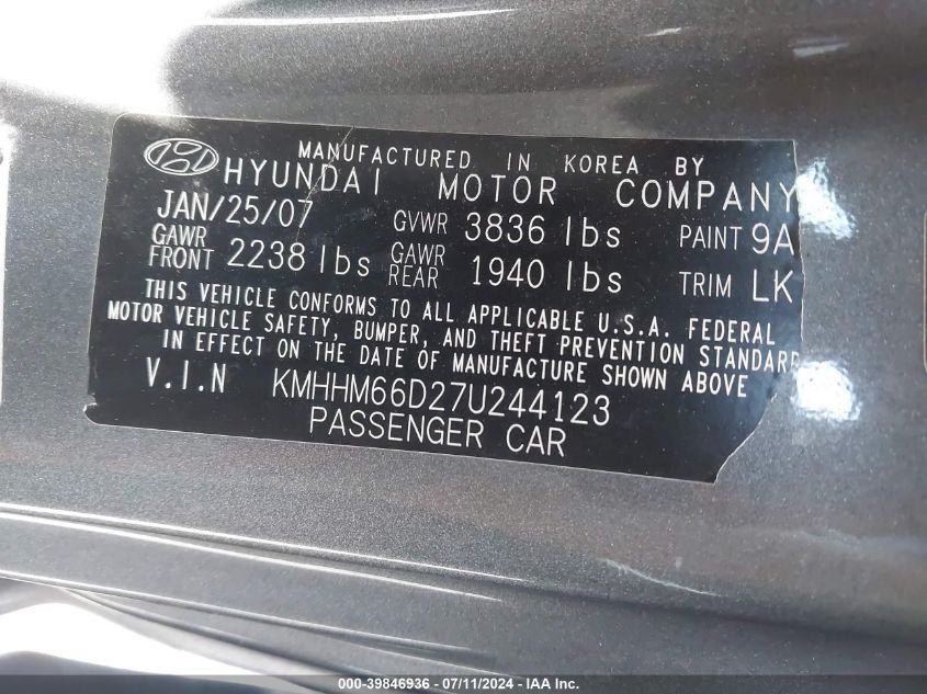 2007 Hyundai Tiburon Gs VIN: KMHHM66D27U244123 Lot: 39846936