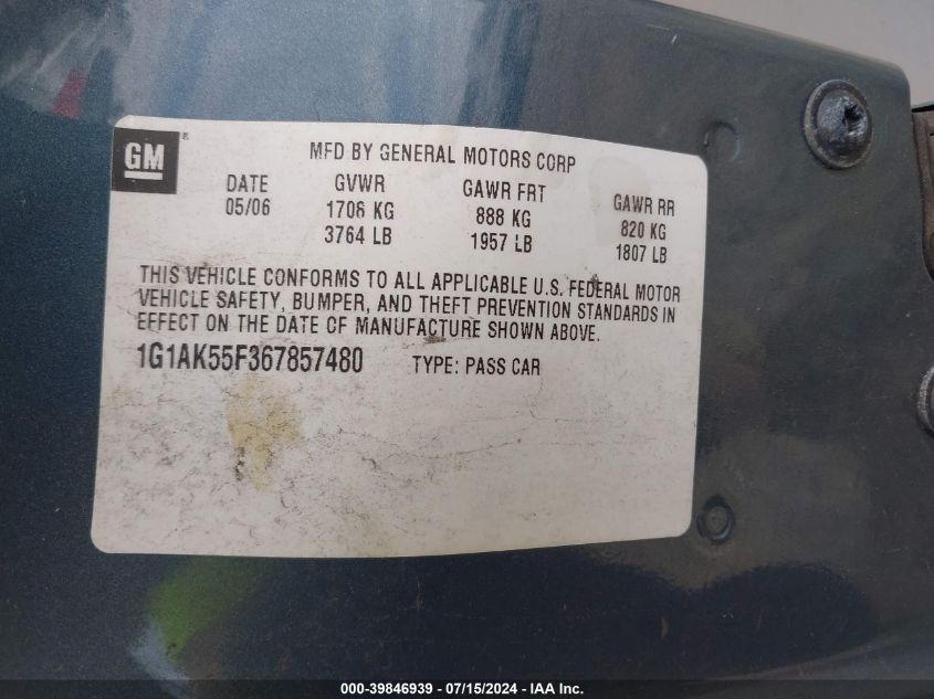 2006 Chevrolet Cobalt Ls VIN: 1G1AK55F367857480 Lot: 39846939