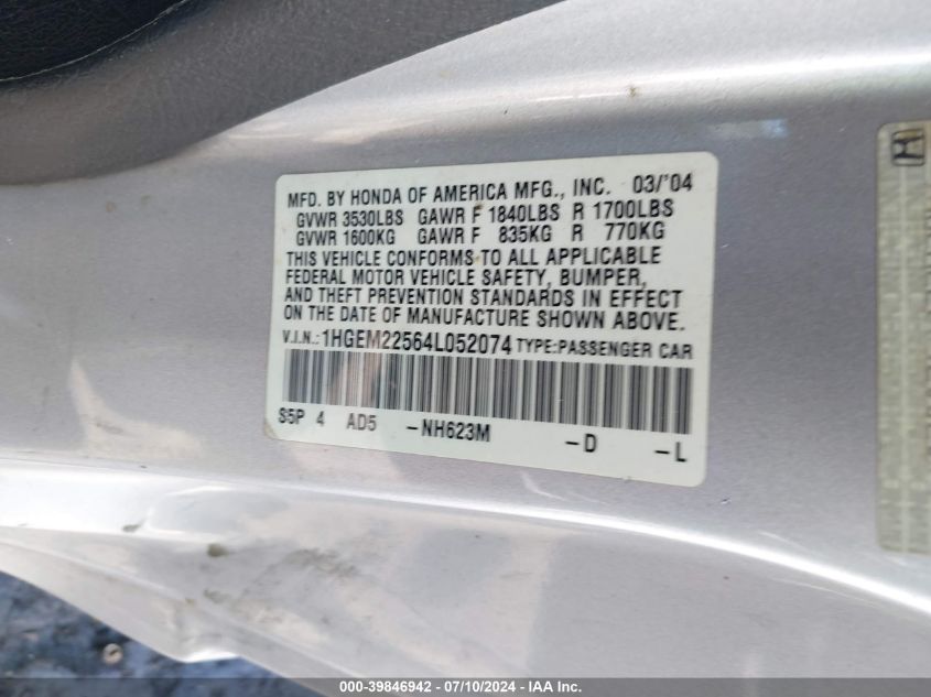 2004 Honda Civic Lx VIN: 1HGEM22564L052074 Lot: 39846942