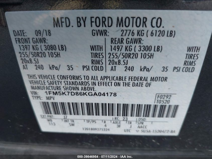 2019 Ford Explorer Xlt VIN: 1FM5K7D86KGA04178 Lot: 39846954