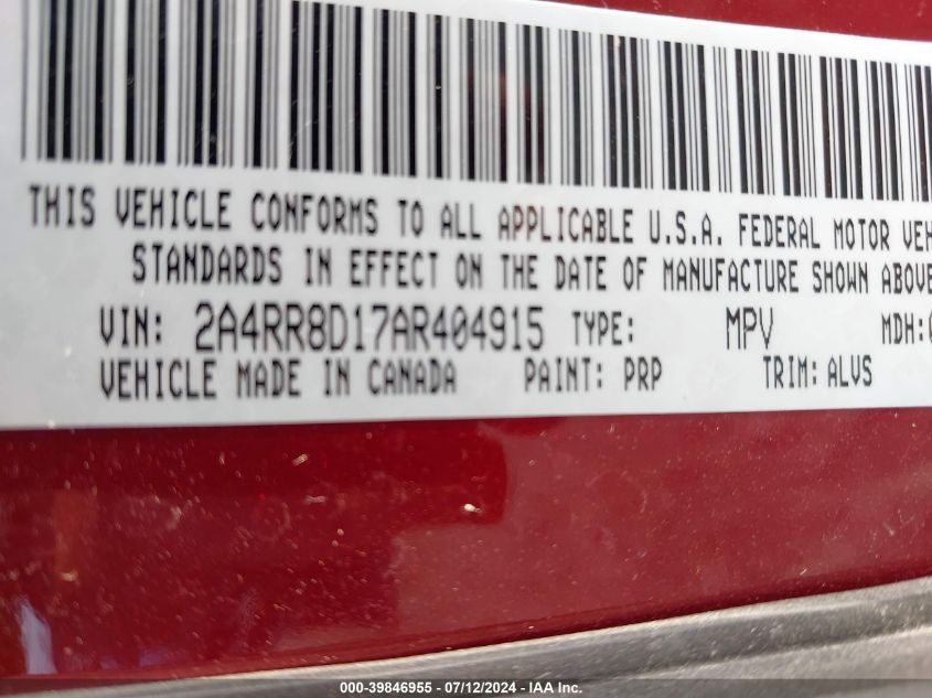 2010 Chrysler Town & Country Touring Plus VIN: 2A4RR8D17AR404915 Lot: 39846955