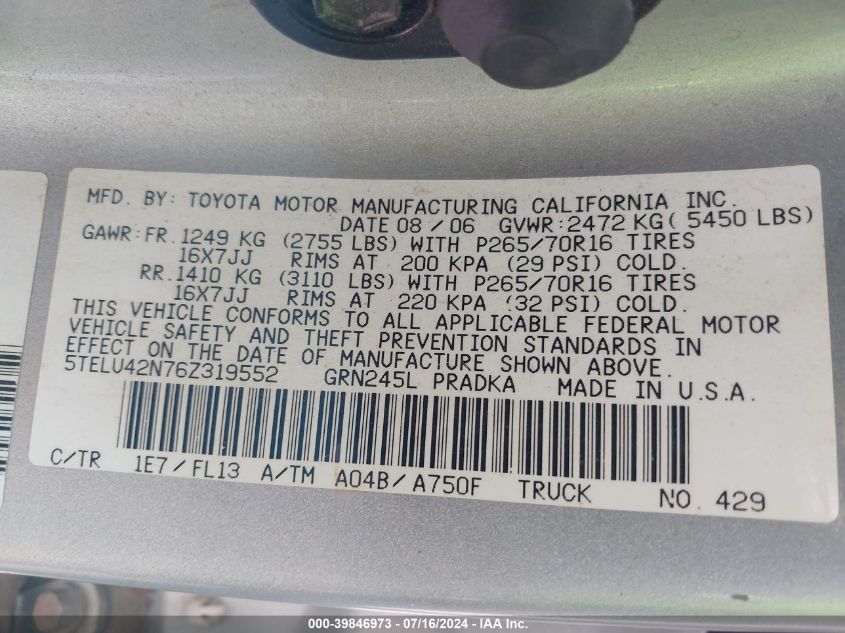 2006 Toyota Tacoma Base V6 VIN: 5TELU42N76Z319552 Lot: 39846973