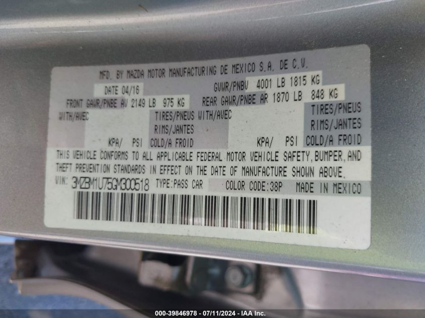 2016 Mazda Mazda3 I Sport VIN: 3MZBM1U75GM300518 Lot: 39846978