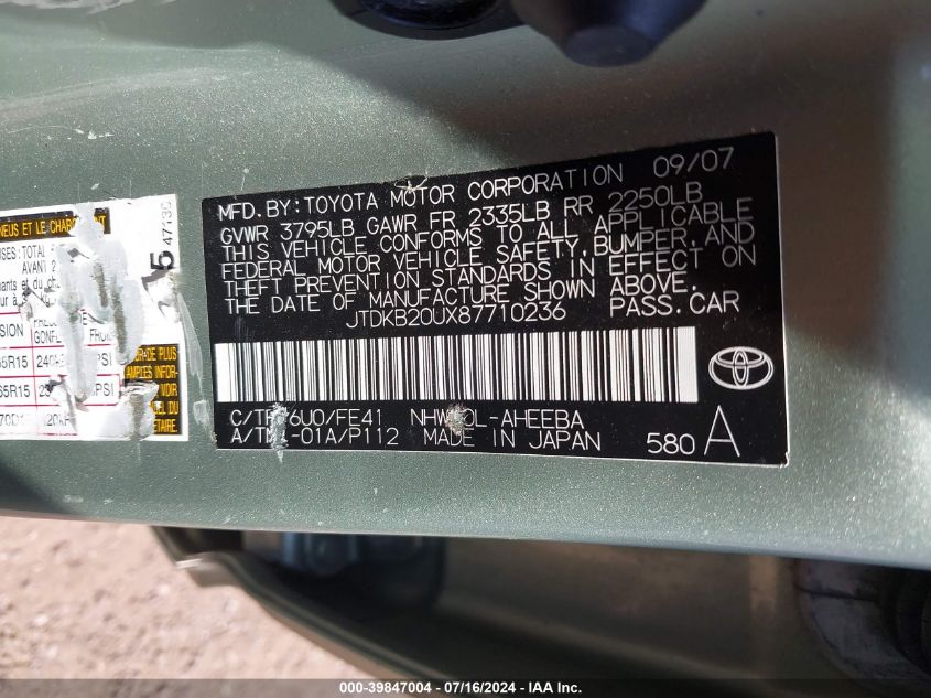 2008 Toyota Prius VIN: JTDKB20UX87710236 Lot: 39847004