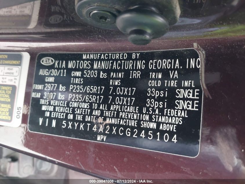 2012 Kia Sorento Lx V6 VIN: 5XYKT4A2XCG245104 Lot: 39847008