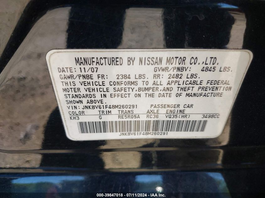 2008 Infiniti G35X VIN: JNKBV61F48M260291 Lot: 39847018