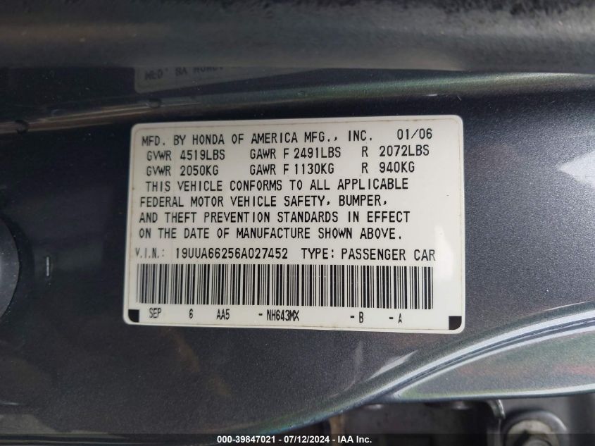2006 Acura Tl VIN: 19UUA66256A027452 Lot: 39847021