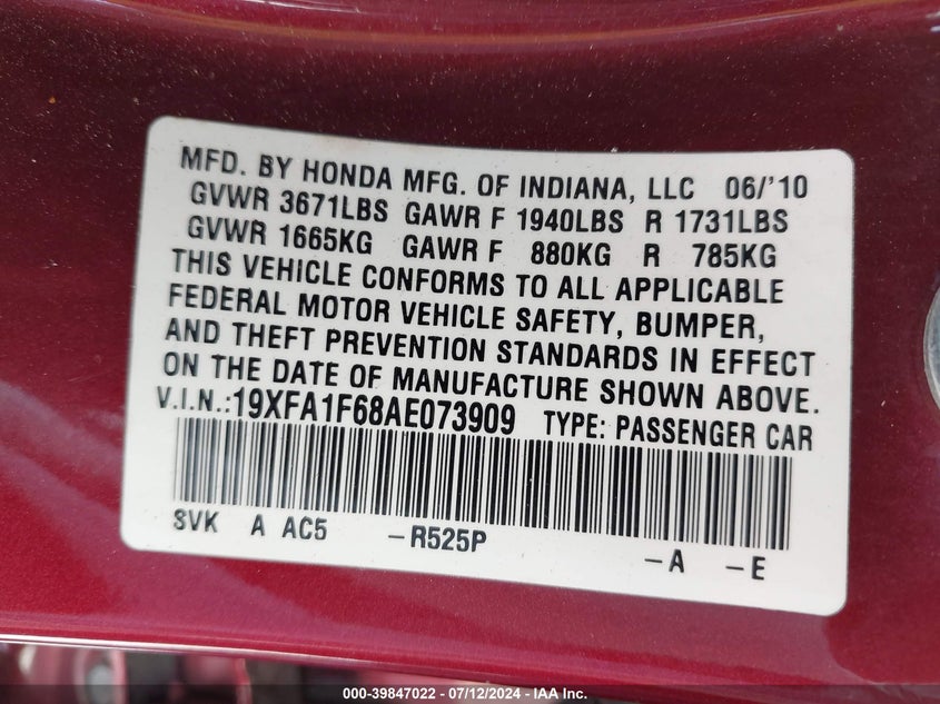 2010 Honda Civic Lx-S VIN: 19XFA1F68AE073909 Lot: 39847022