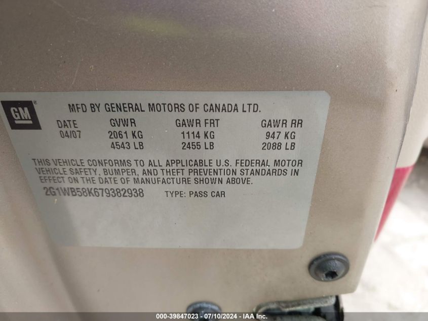 2007 Chevrolet Impala Ls VIN: 2G1WB58K679382938 Lot: 39847023