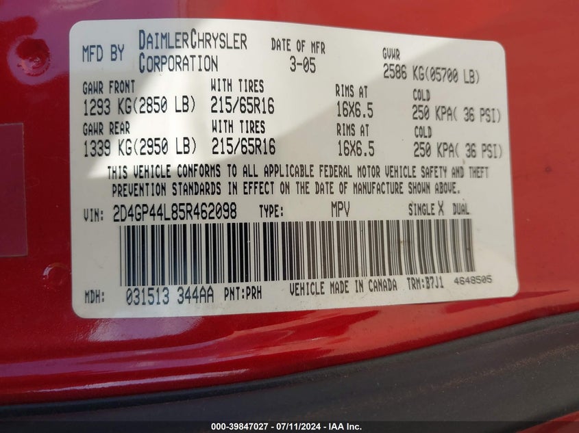 2001 Chrysler Town & Country Limited VIN: 2C8GP64L71R406719 Lot: 39847027