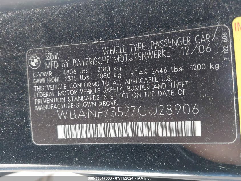 2007 BMW 530Xi VIN: WBANF73527CU28906 Lot: 39847038