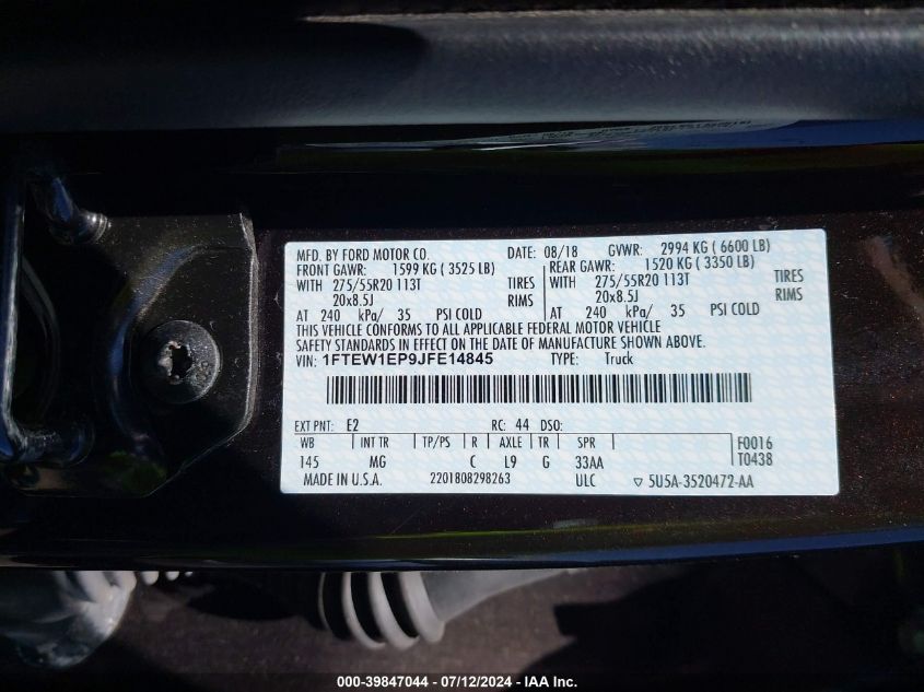 2018 Ford F-150 Xlt VIN: 1FTEW1EP9JFE14845 Lot: 39847044